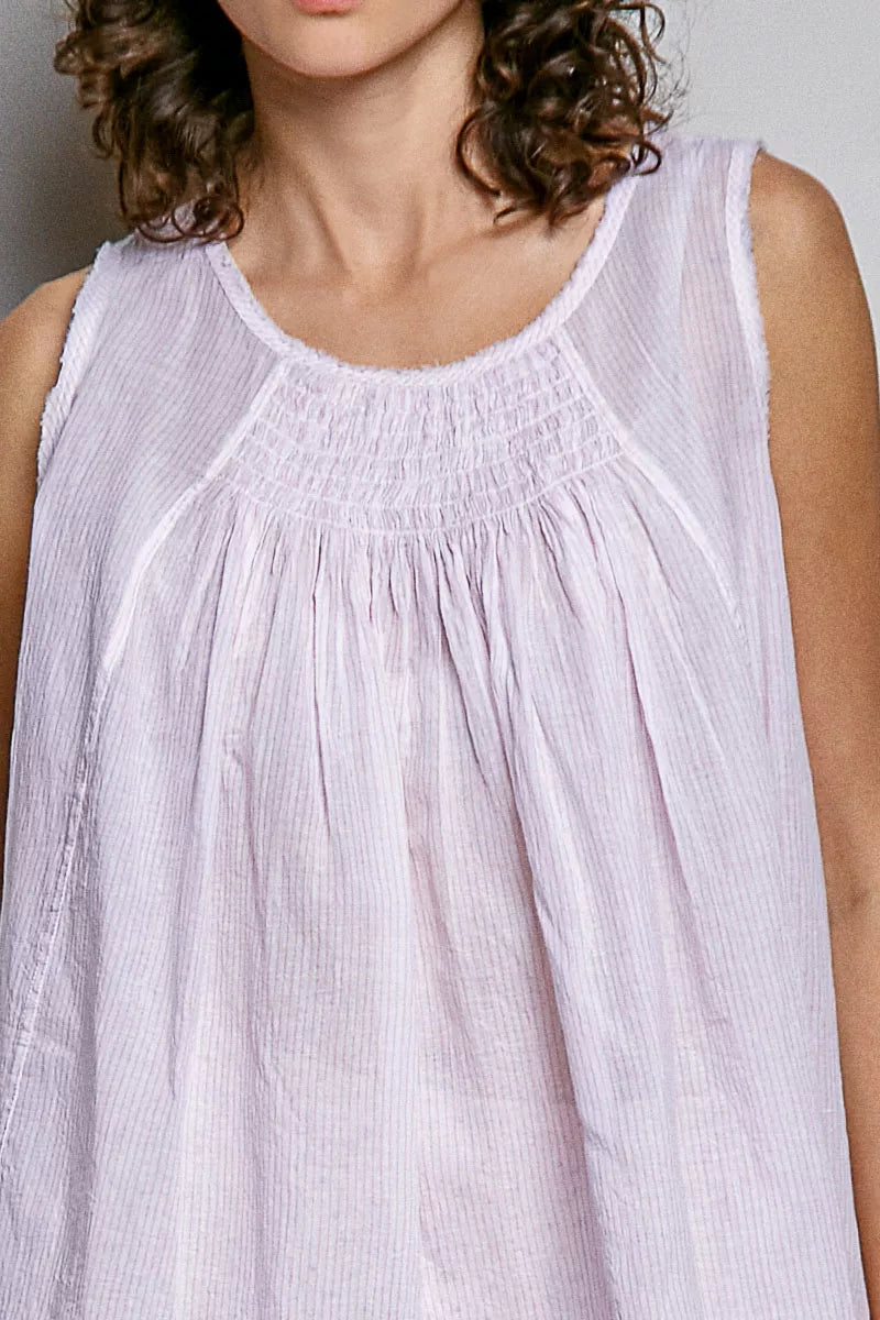 Shopimist POL POL sleeveless cotton top with round neck, striped pattern, and pleated design, perfect for casual summer wear.