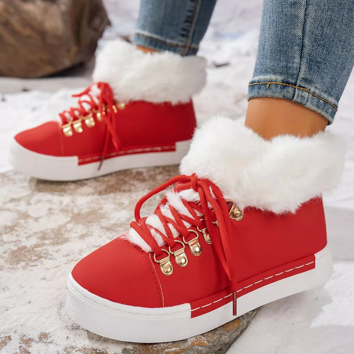 Fuzzy trim lace-up ankle boots by Simply Love featuring cozy fur accents and a stylish ankle-high design.
