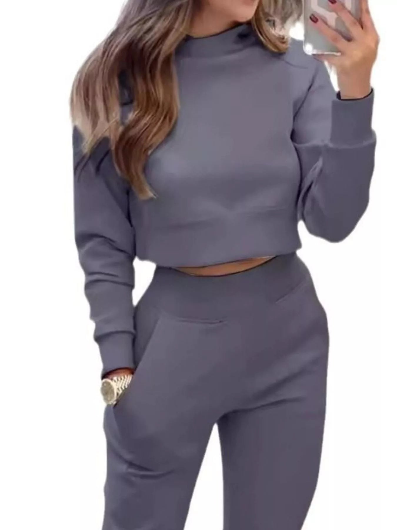Simply Love casual chic cropped sweatshirt and matching jogger set, shown in a relaxed fit with stylish details.