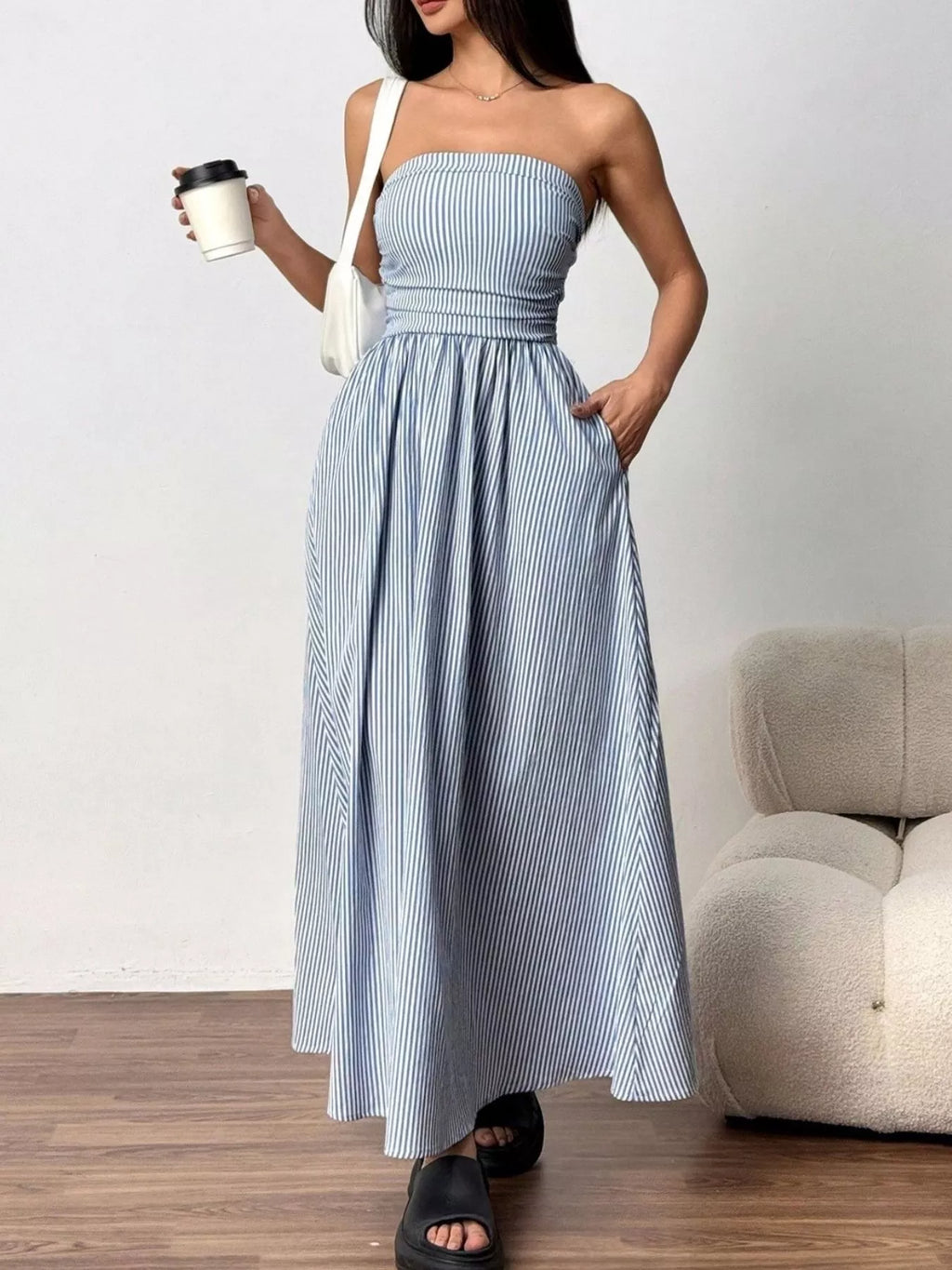 Striped strapless casual maxi dress by Simply Love, featuring bold horizontal stripes and a flowing, comfortable fit.