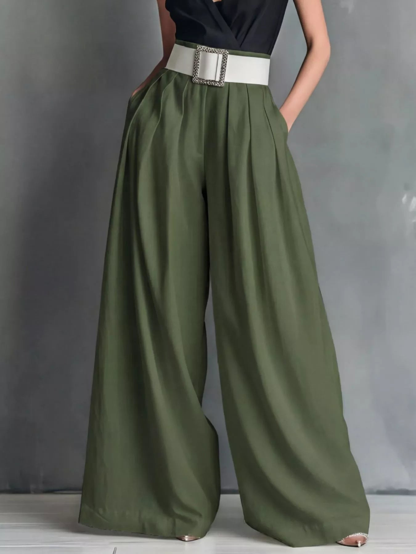 Shopimist high-waisted wide-leg pants shown on a model, featuring a relaxed fit and flowing fabric for a stylish, comfortable look.