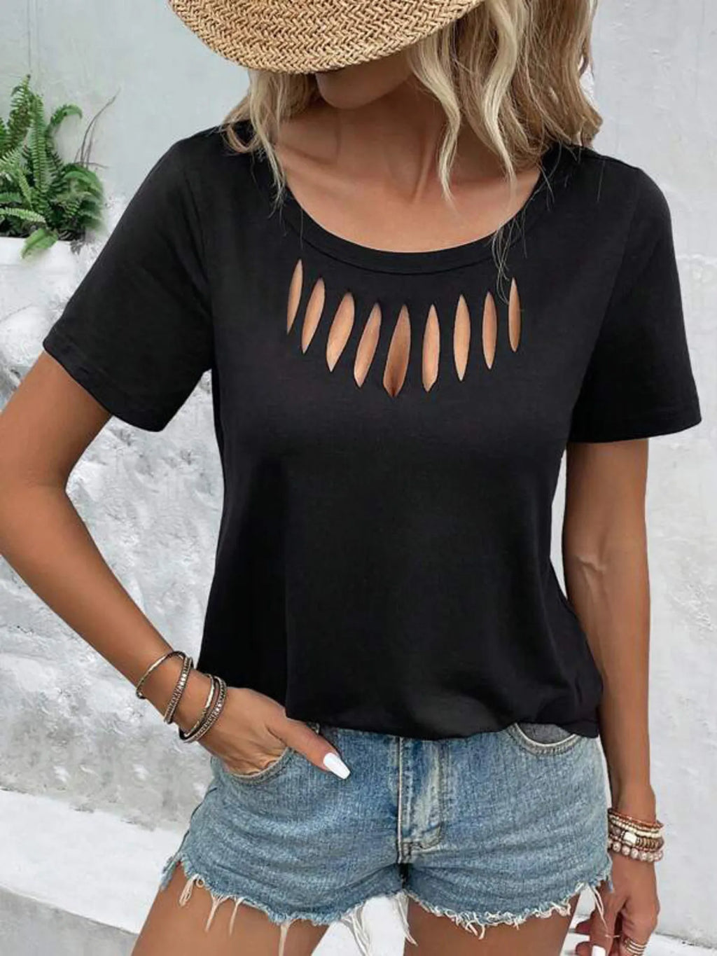 Hollow out neckline short sleeve T-shirt from Trendsi, featuring a stylish cutout design and casual fit, perfect for everyday wear.