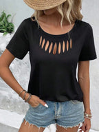 Hollow out neckline short sleeve T-shirt from Trendsi, featuring a stylish cutout design and casual fit, perfect for everyday wear.
