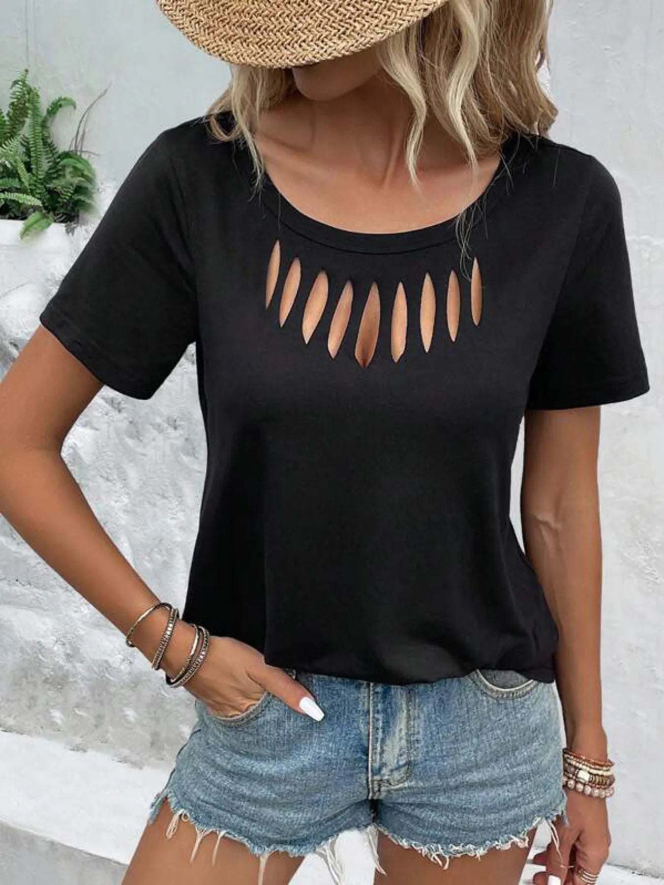 Hollow out neckline short sleeve T-shirt from Trendsi, featuring a stylish cutout design and casual fit, perfect for everyday wear.