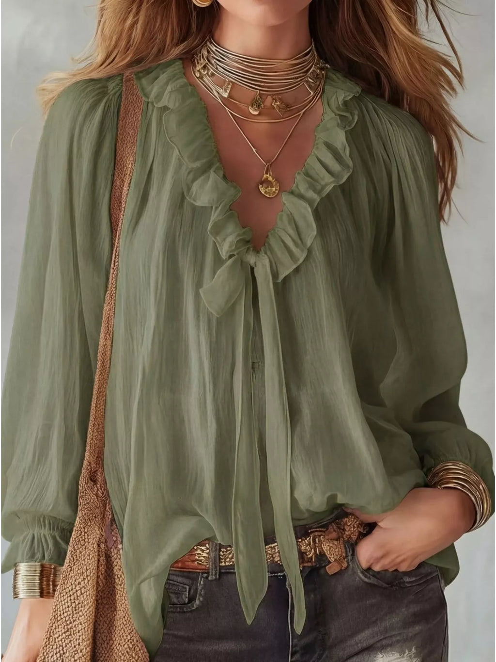 Shopimist ruffle long sleeve blouse with feminine details and lightweight fabric, shown on a hanger.