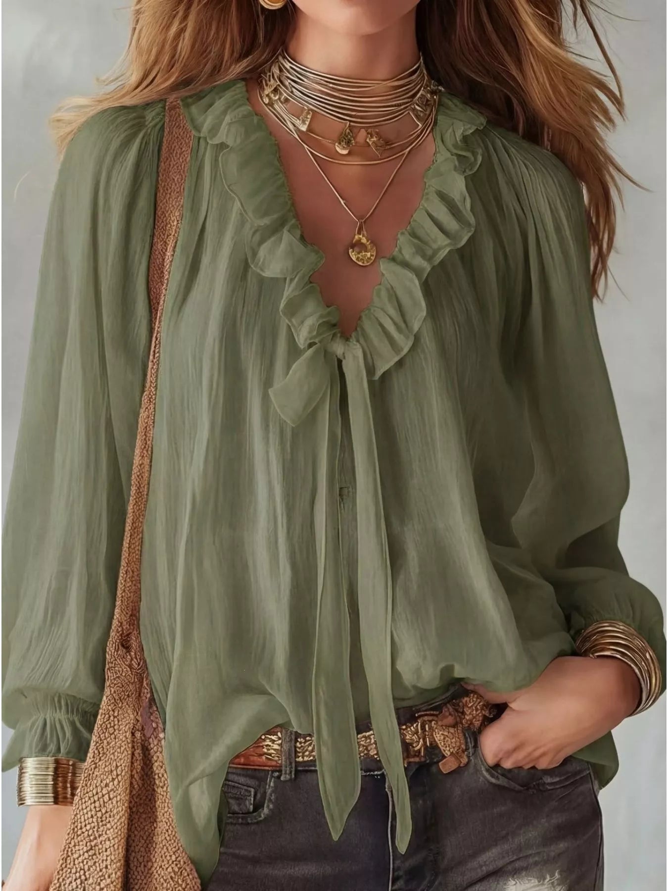 Shopimist ruffle long sleeve blouse with feminine details and lightweight fabric, shown on a hanger.