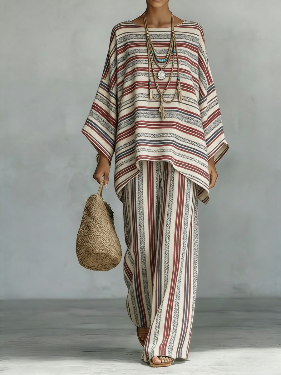 Floral print bamboo linen two-piece set with wide-leg pants by FitiqueFit, featuring a matching top and flowing trousers.