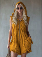 Plus size hooded sleeveless zipper romper with ruffled pockets, stylish Shopimist jumpsuit featuring a full-length design.