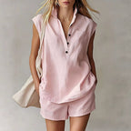 Women's casual sleeveless cardigan top and shorts set by FitiqueFit, featuring a comfortable sleeveless design and trendy matching shorts.