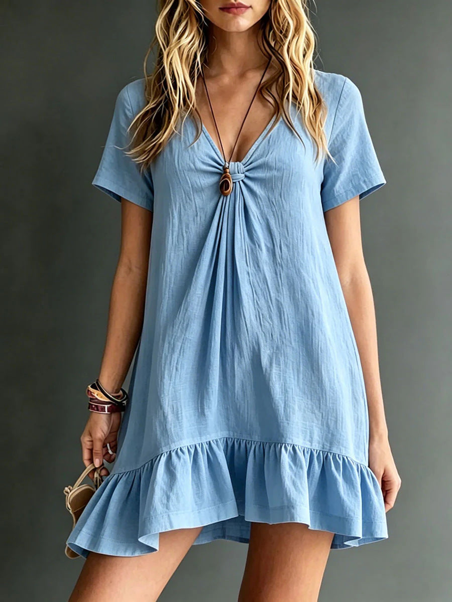 Women's ice silk crepe V-neck midi dress with short sleeves from Plush Fashion Hub, casual and loose fit for comfortable style.