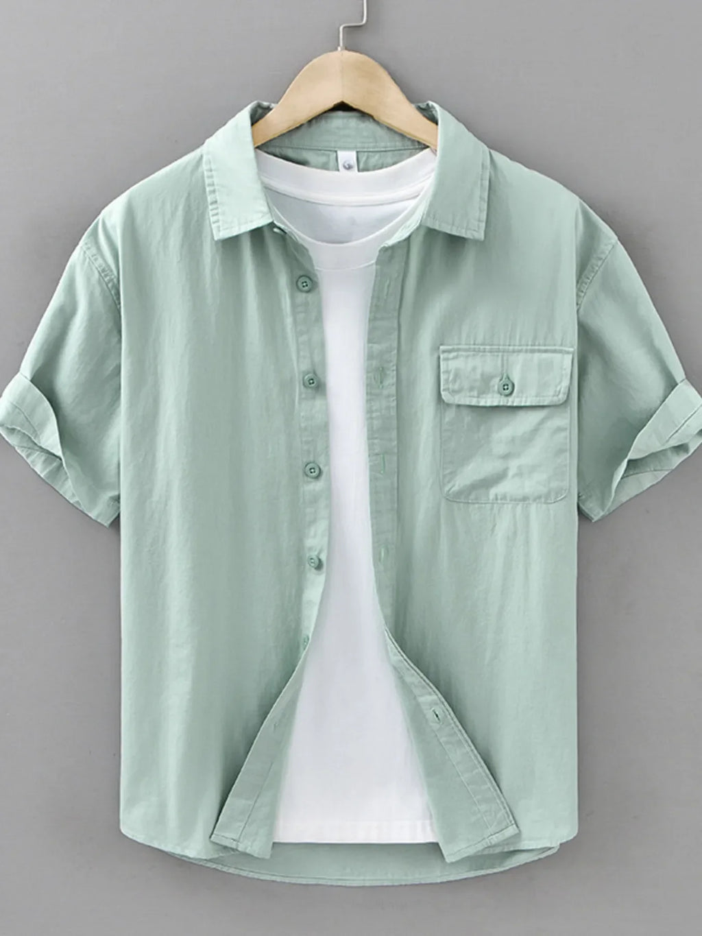 Men's plus size button-up short sleeve shirt by Shopimist, shown with a classic collar and lightweight fabric in natural colors.