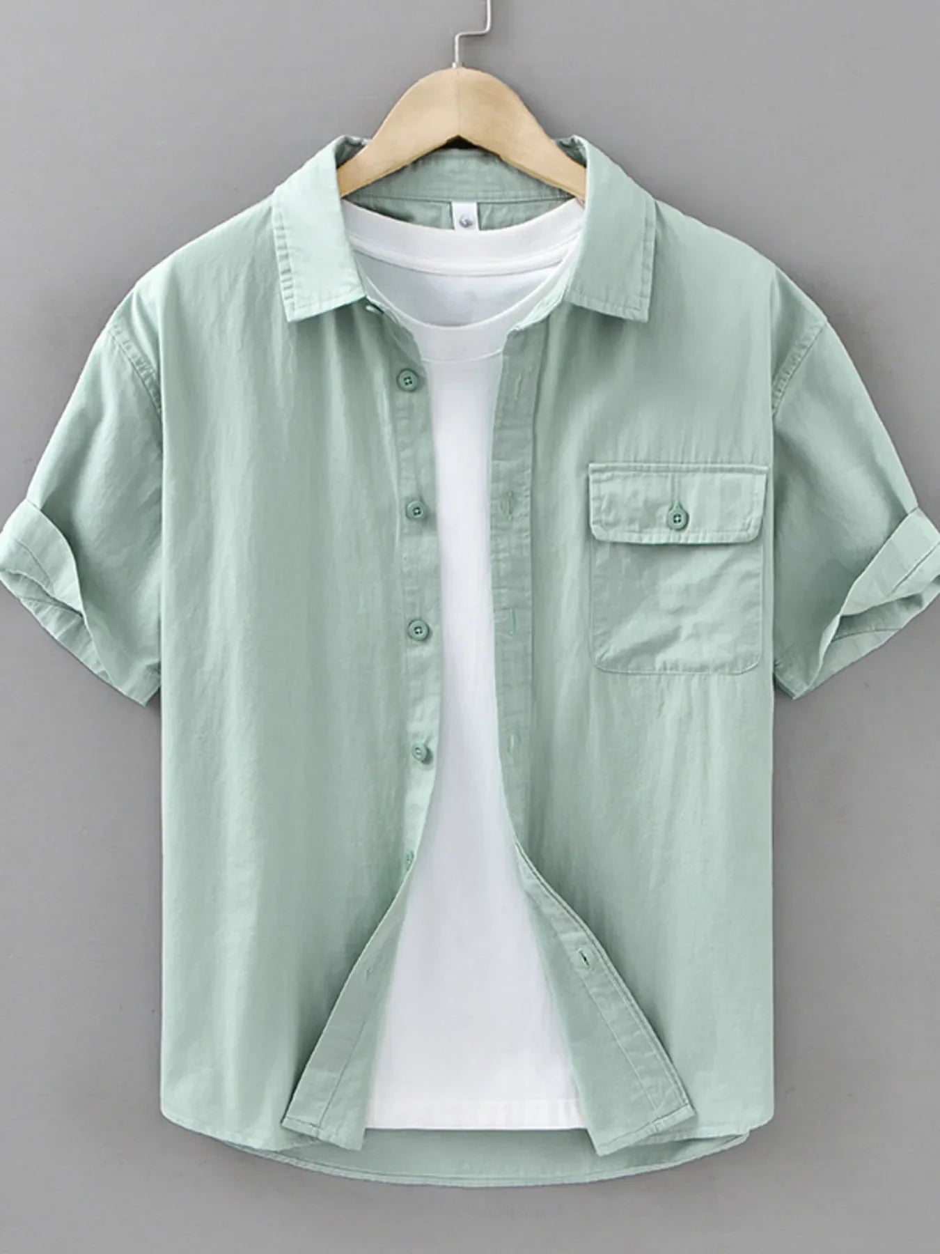 Men's plus size button-up short sleeve shirt by Shopimist, shown with a classic collar and lightweight fabric in natural colors.
