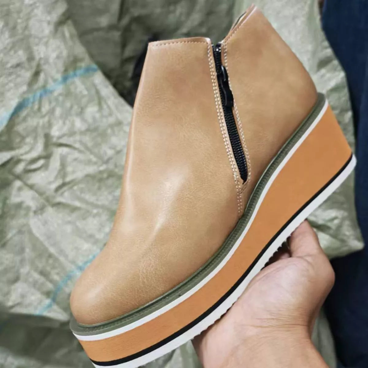 Women's ankle wedge boots with zipper, stylish Trendsi shoes featuring a comfortable wedge heel and sleek design.