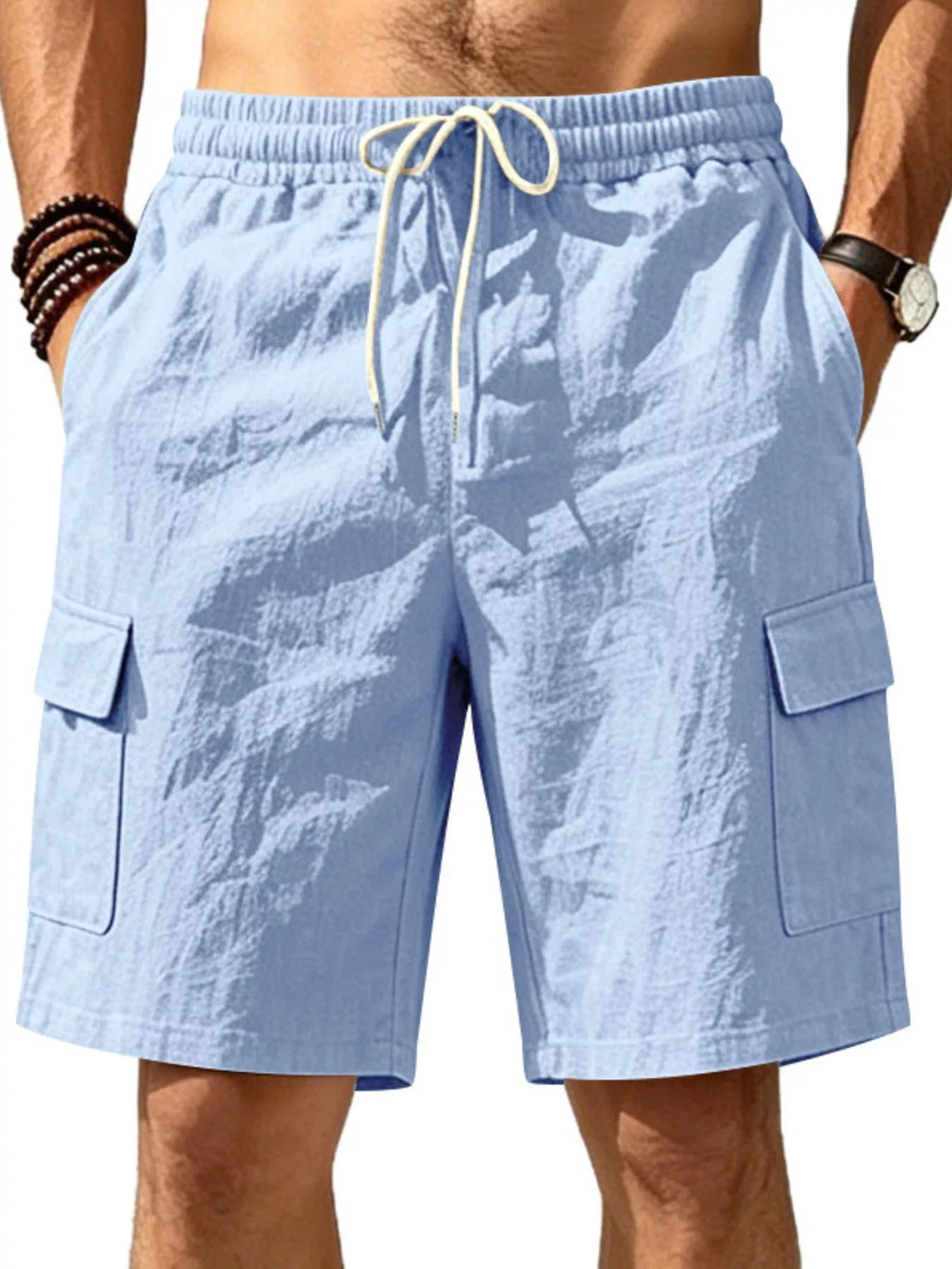 Men's plus size casual cargo shorts with drawstring waist, shown in relaxed fit with multiple pockets and lightweight fabric.