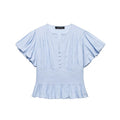 Women's slim-fit ruffle-trim puff-sleeve blouse top by FitiqueFit, featuring elegant casualwear with feminine details.