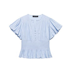 Women's slim-fit ruffle-trim puff-sleeve blouse top by FitiqueFit, featuring elegant casualwear with feminine details.