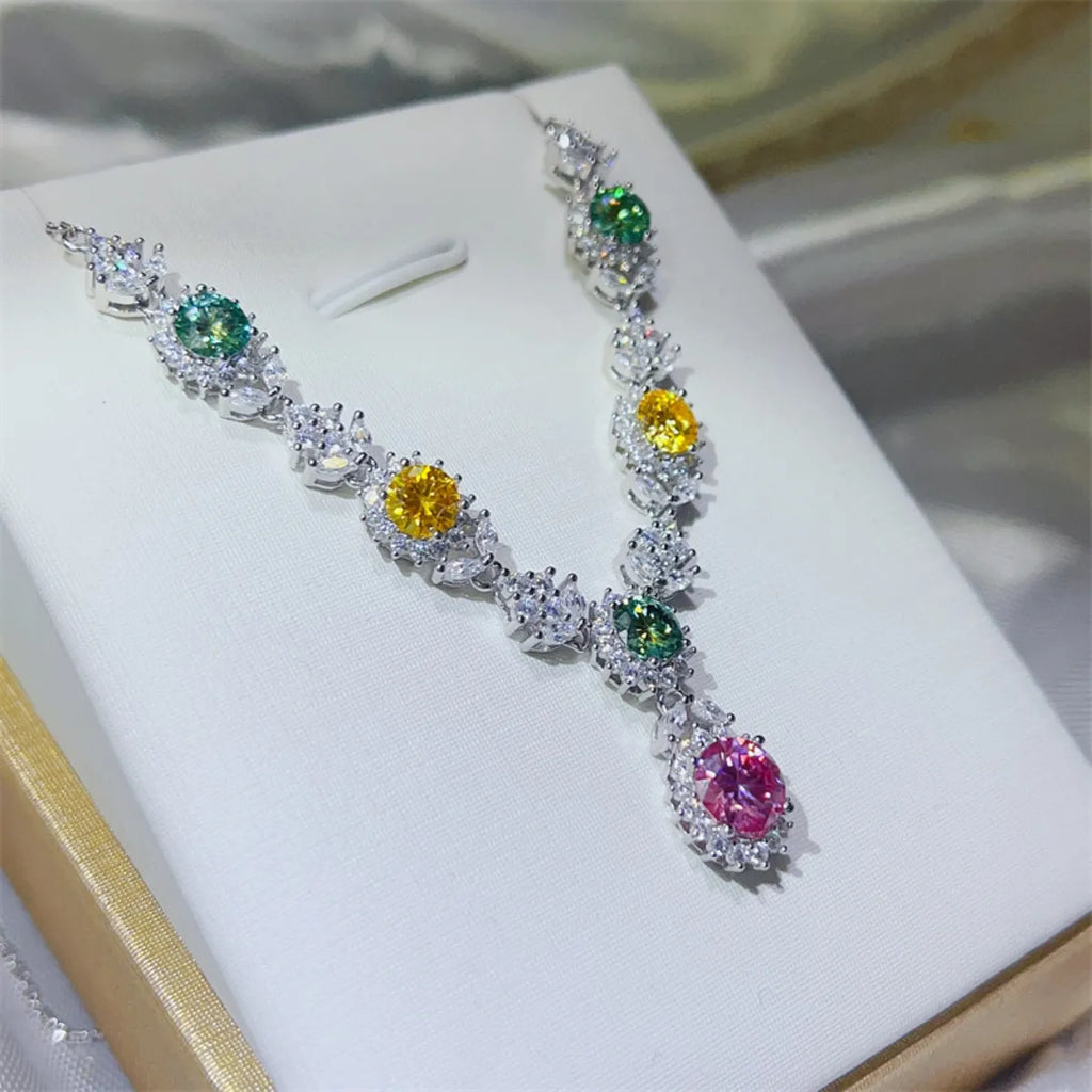 Sterling silver necklace with a 3.5 carat moissanite gemstone, featuring a delicate chain and sparkling center stone.