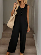 Plush Fashion Hub sleeveless button-front wide-leg jumpsuit with a comfortable, chic design, shown on a model.