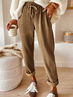 Simply Love casual corduroy drawstring waist pants with rings detail, shown in a stylish relaxed fit on a model.