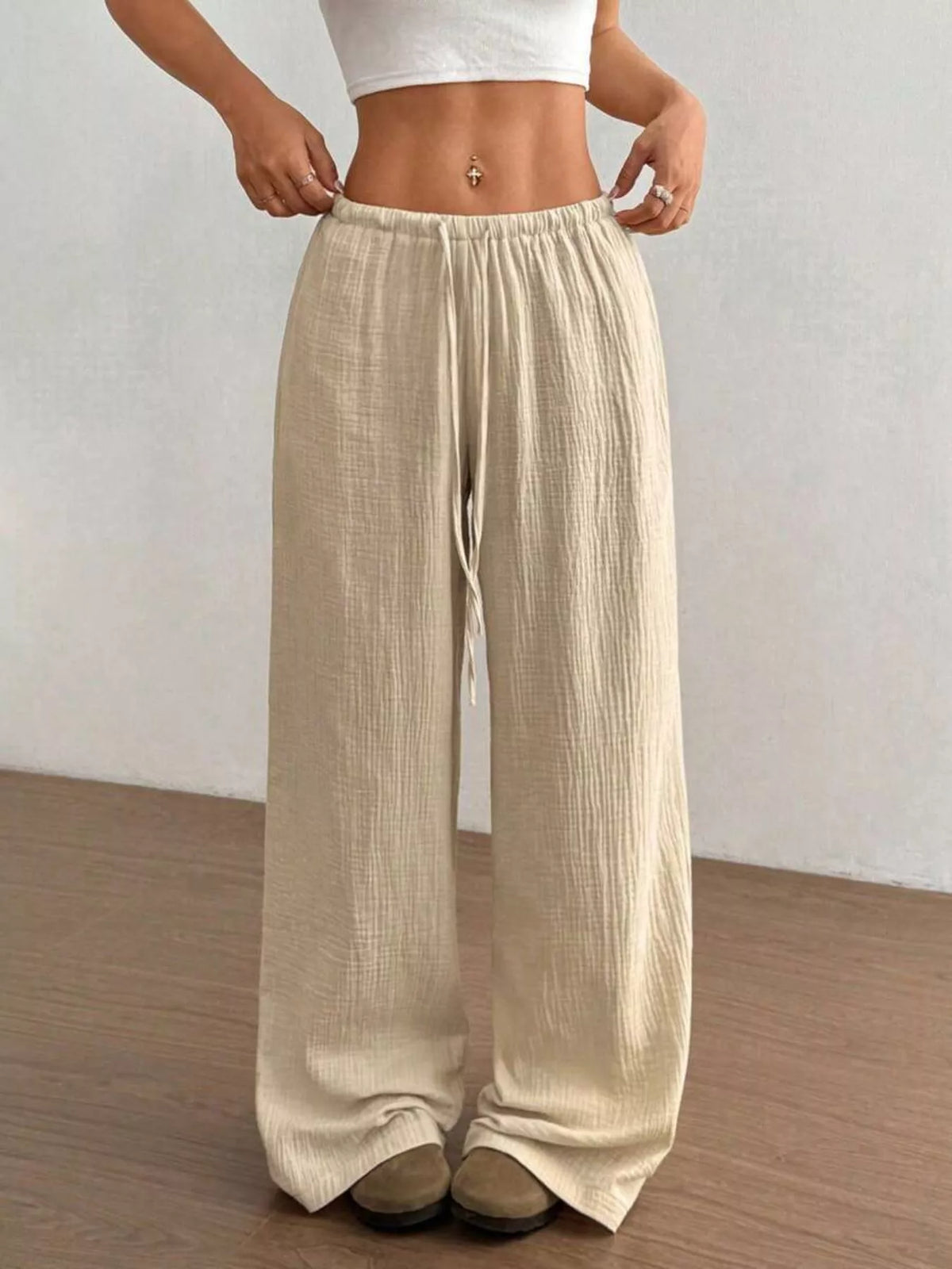 Plush Fashion Hub wide-leg drawstring pants in soft, plush fabric with a relaxed fit and casual style.
