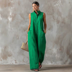 Linen blend sleeveless jumpsuit with stand collar by FitiqueFit in five colors, available in sizes S to 3XL.