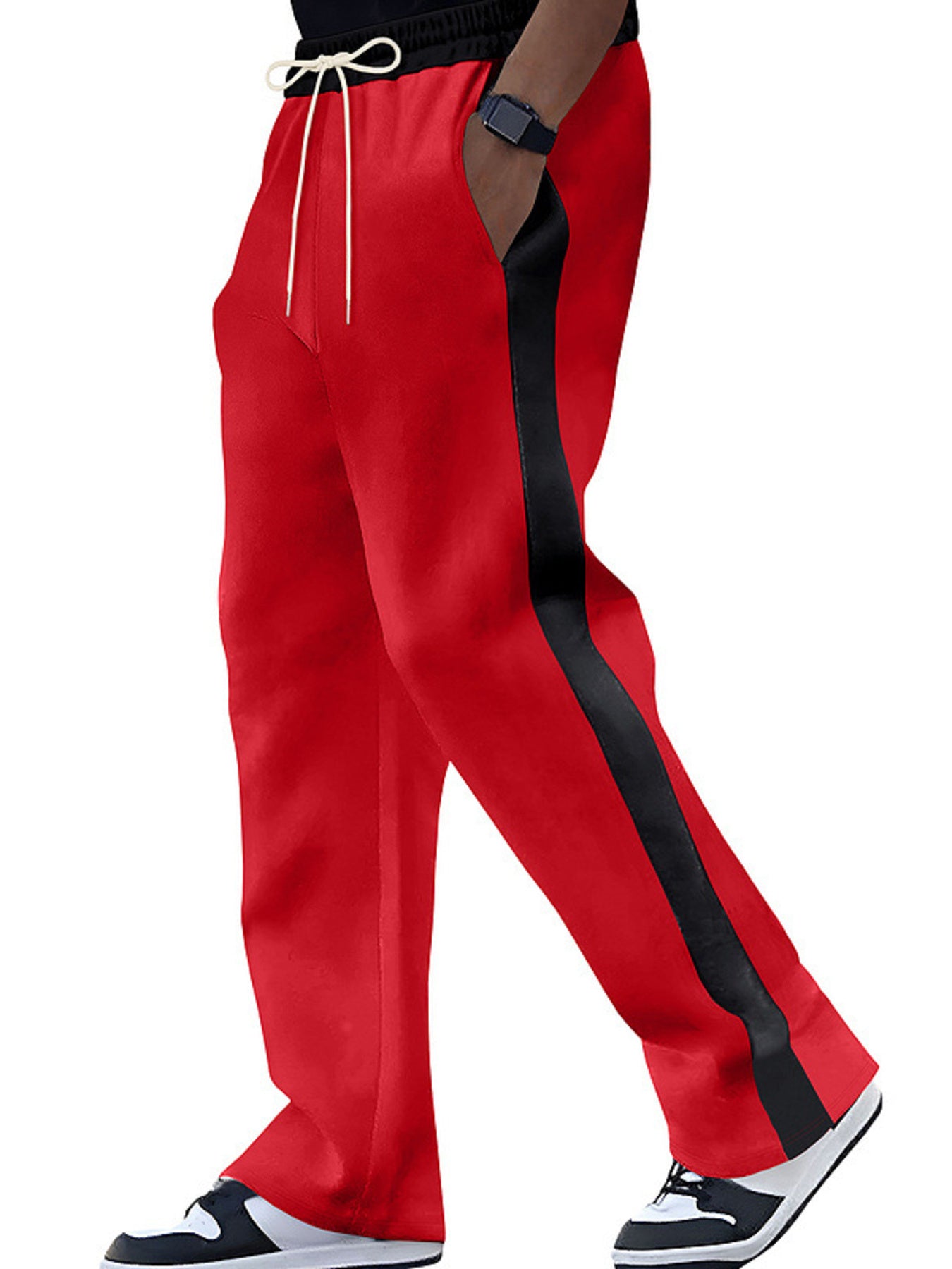 Men's plus size contrast stripe drawstring sweatpants by Trendsi, featuring a comfortable fit and stylish design with side pockets.