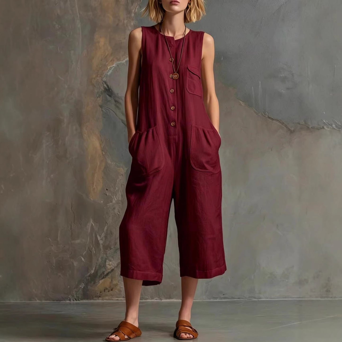 Plush Fashion Hub retro sleeveless cotton-linen wide-leg cropped jumpsuit displayed on a model, showcasing its relaxed fit and natural fabric.