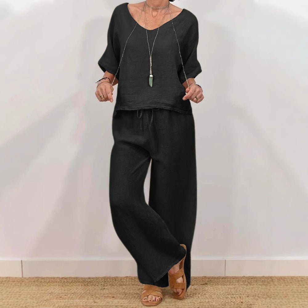 Women’s multi-color two-piece casualwear set with V-neck top and matching pants by Plush Fashion Hub, styled for relaxed comfort.