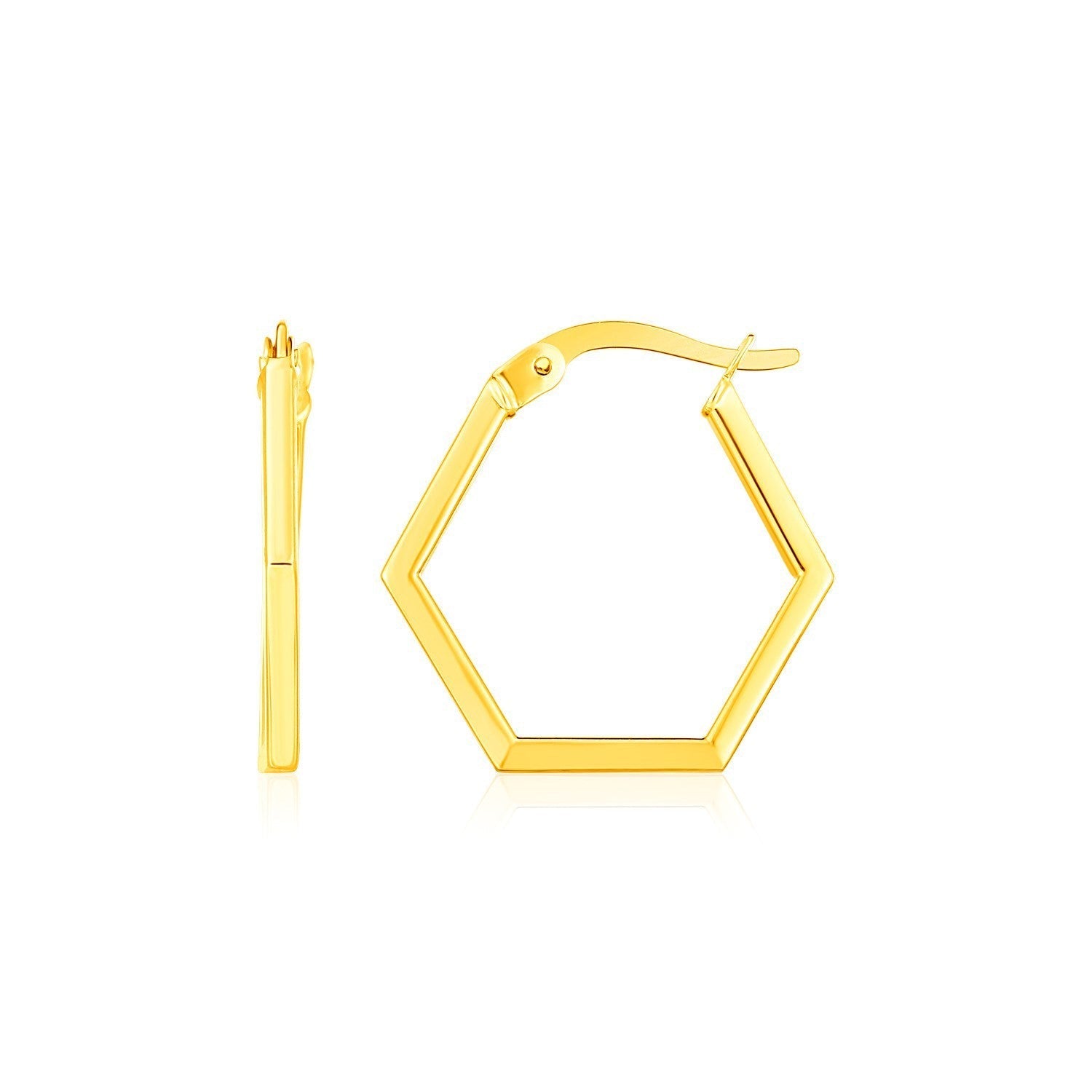 14K yellow gold hexagon-shaped hoop earrings with a polished finish, stylish jewelry accessory for women.
