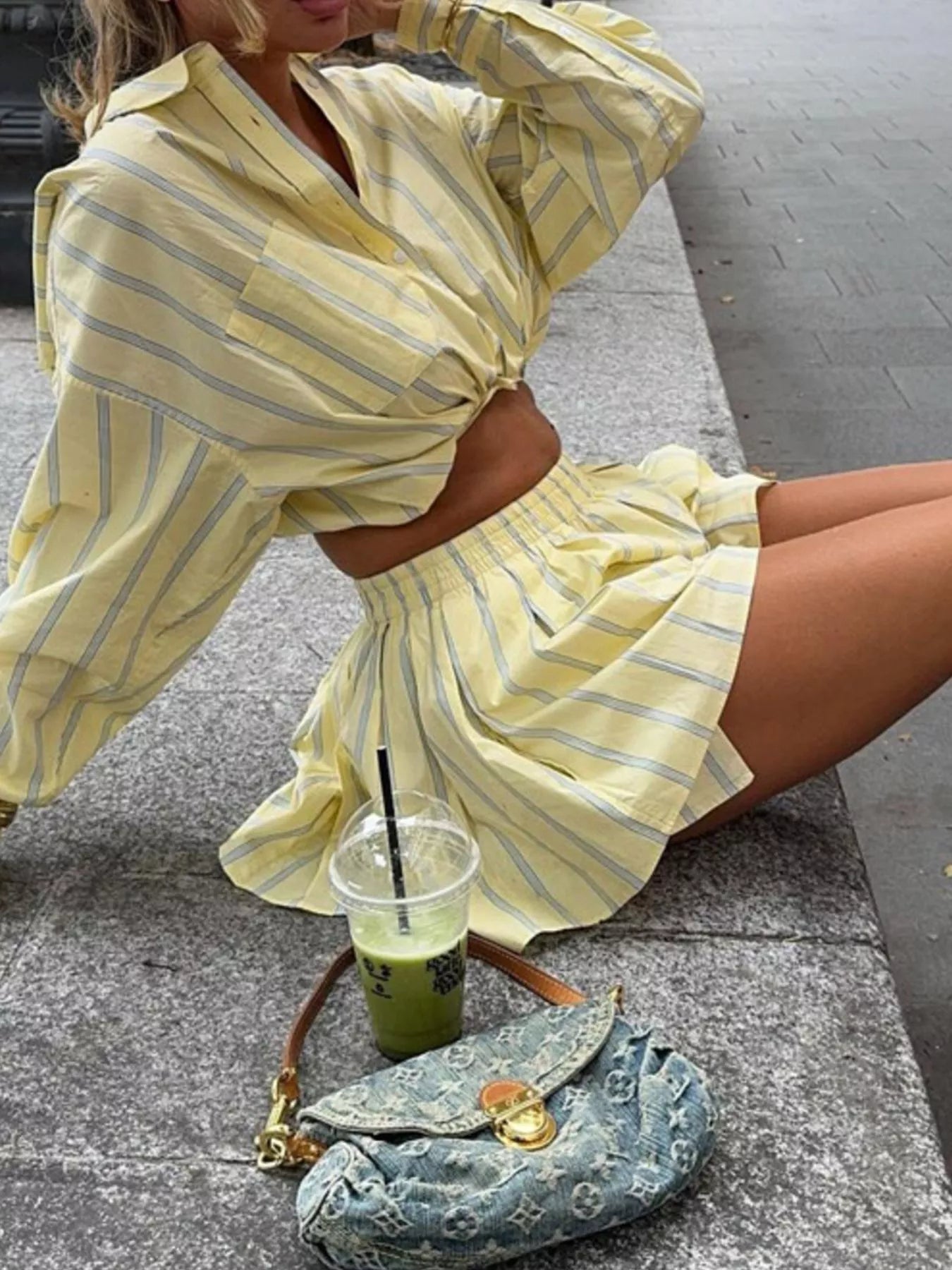 Shopimist striped button-up shirt and shorts set, featuring a casual summer style with a blue and white striped pattern.
