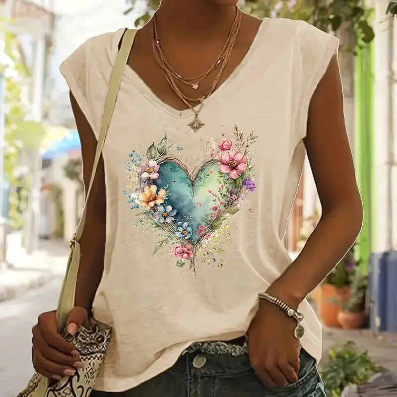 Short sleeve floral heart print summer casual T-shirt by Plush Fashion Hub showing colorful flower and heart design on soft fabric