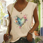 Short sleeve floral heart print summer casual T-shirt by Plush Fashion Hub showing colorful flower and heart design on soft fabric