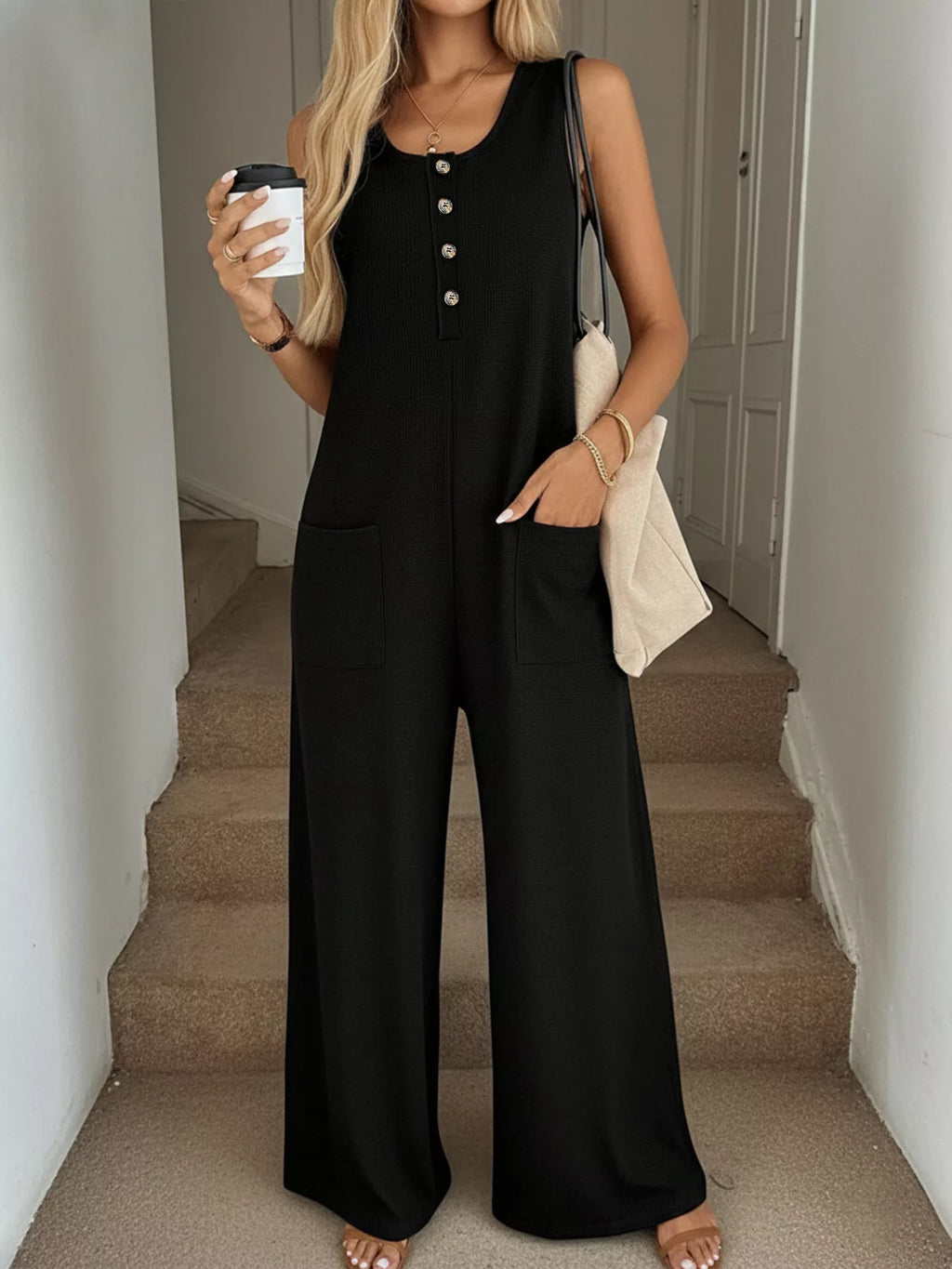 Plush Fashion Hub sleeveless button-front wide-leg jumpsuit with a comfortable, chic design and relaxed fit.
