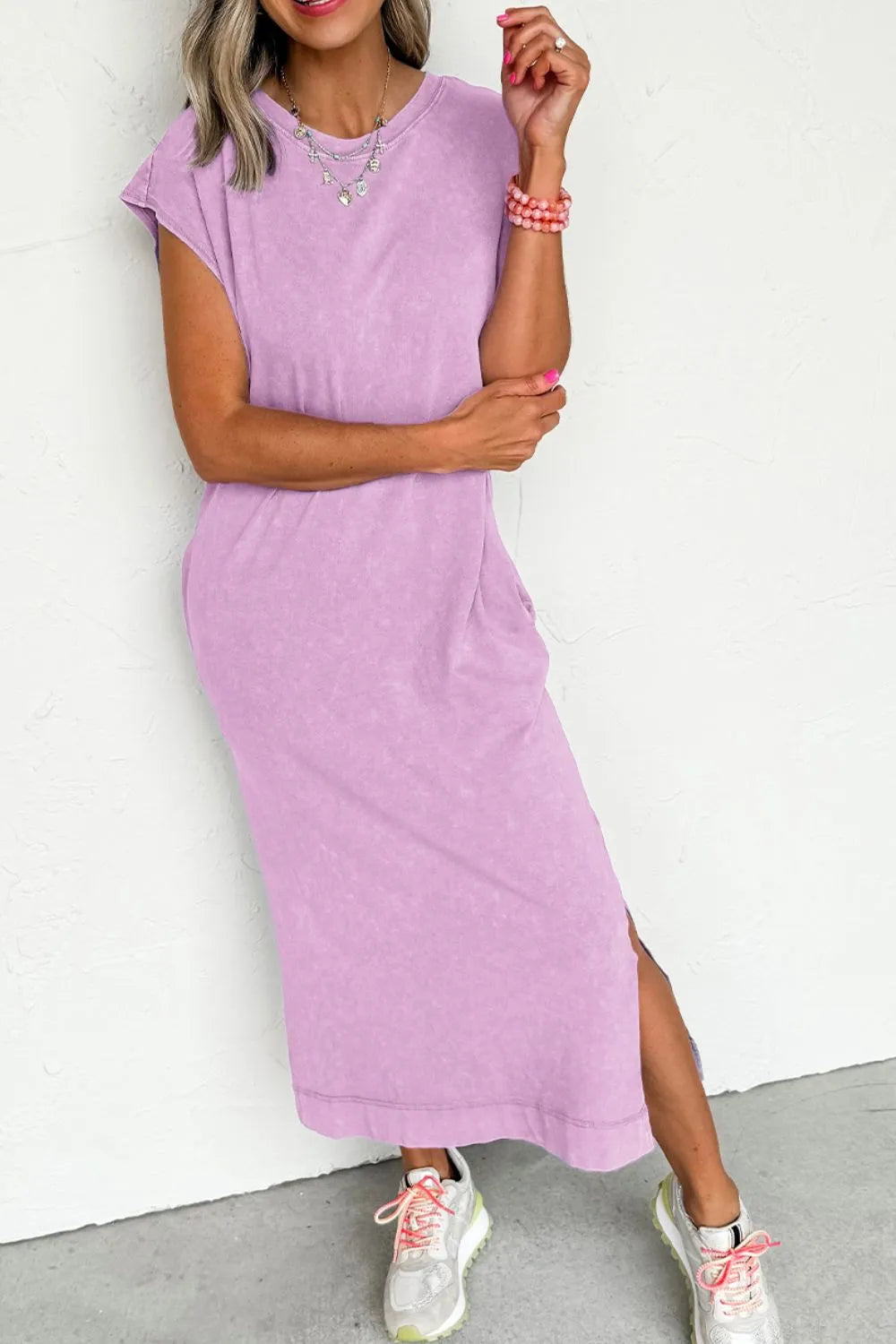 Plush Fashion Hub side split round neck cap sleeve T-shirt dress, casual and stylish, with a relaxed fit and trendy design.