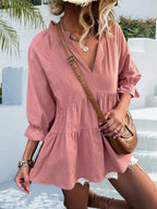 Notched neck tiered cotton blend blouse with flounce sleeves, stylish women’s top from Trendsi.