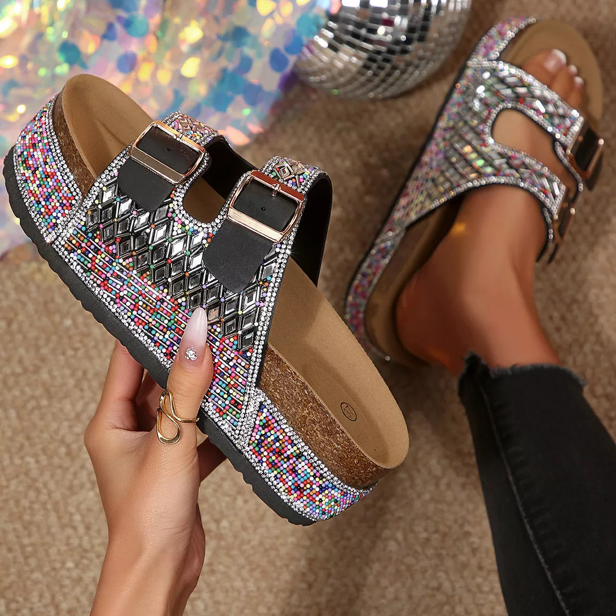 Rhinestone double buckle sandals by Shopimist featuring sparkling rhinestones and stylish double buckle straps on a neutral background.