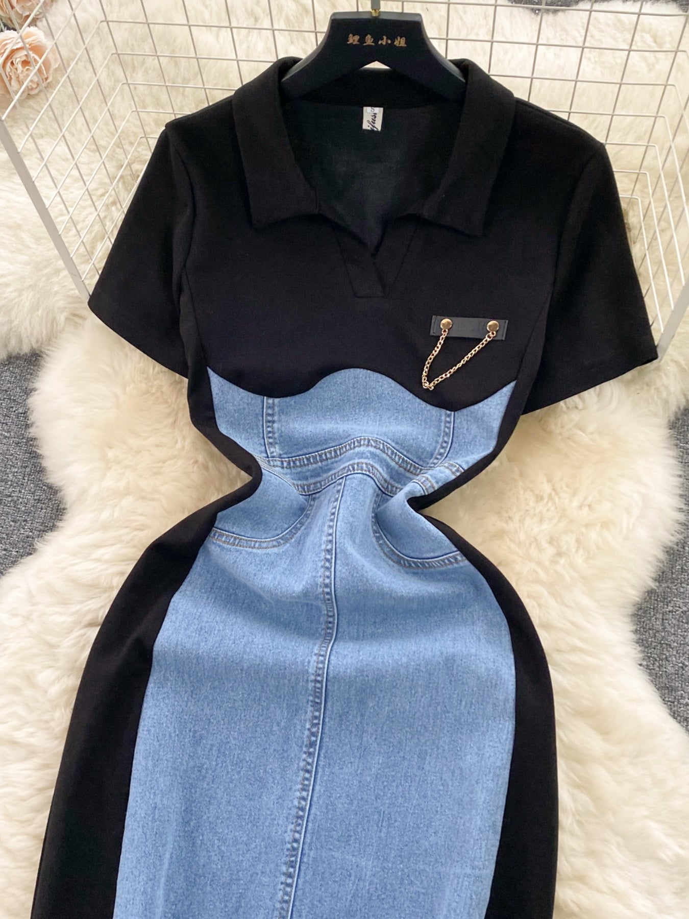 Color block denim patchwork bodycon mini dress by Plush Fashion Hub featuring a fitted silhouette and vibrant patchwork design.