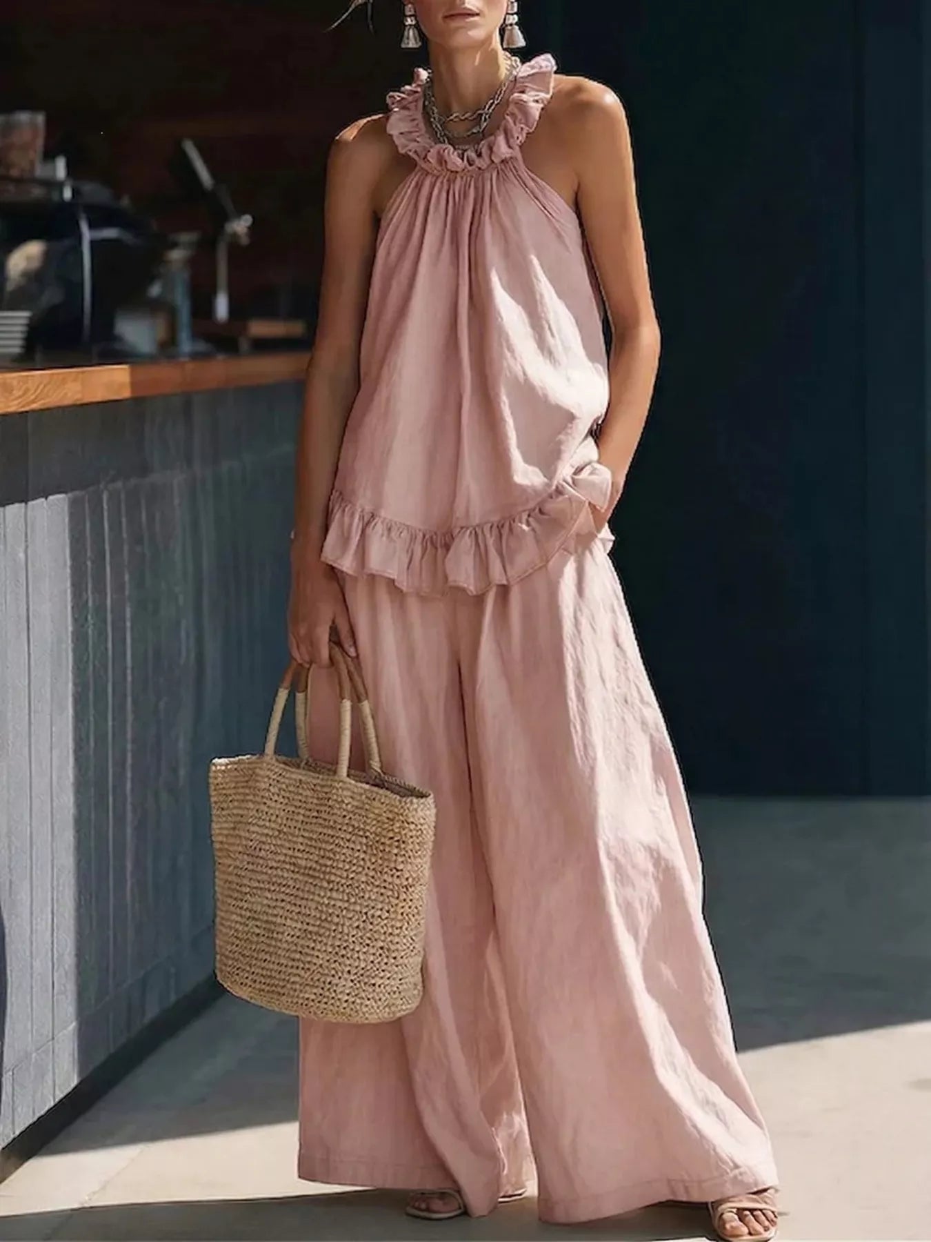 Plus size ruffled halter neck top and wide-leg pants set by Shopimist, featuring a stylish two-piece design with feminine details.