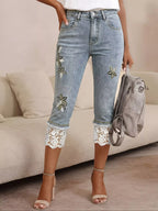 Lace trimmed Capri jeans by Shopimist, featuring light denim with decorative lace accents and a casual fit.