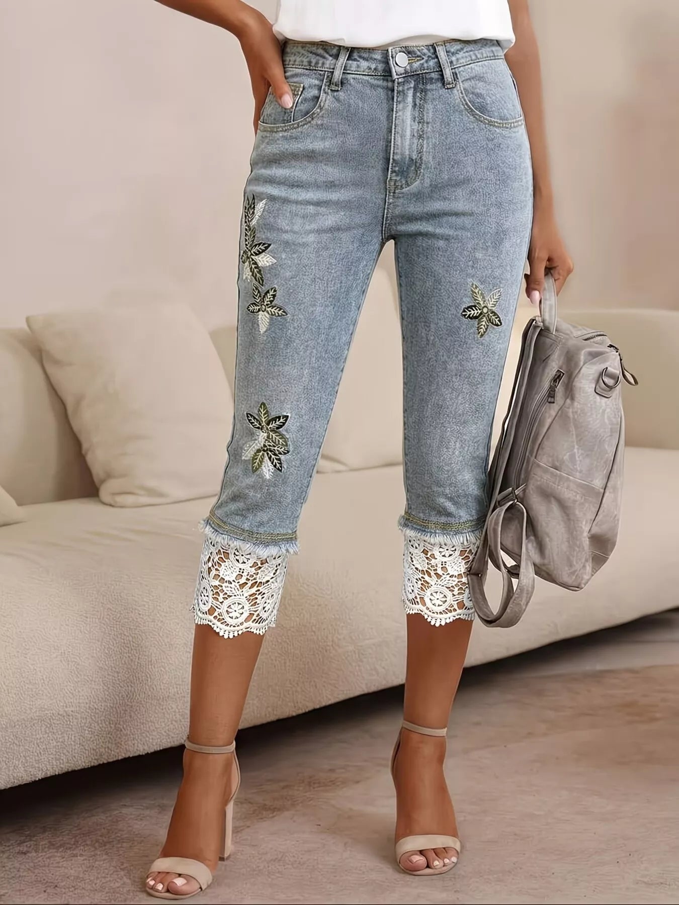 Lace trimmed Capri jeans by Shopimist featuring classic denim with delicate lace accents at the hem.