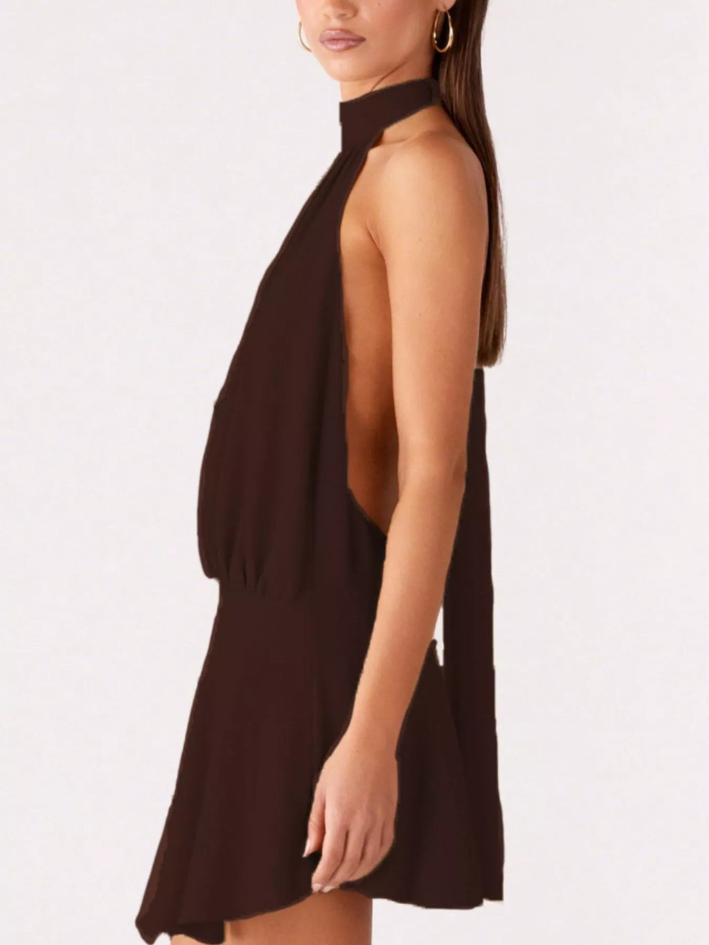 Backless halter neck dress with gathered waist from Plush Fashion Hub, showcasing a stylish and elegant summer dress design.
