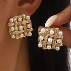 Shopimist pearl grid square stud earrings with white pearls and silver metal setting, close-up view of the jewelry.