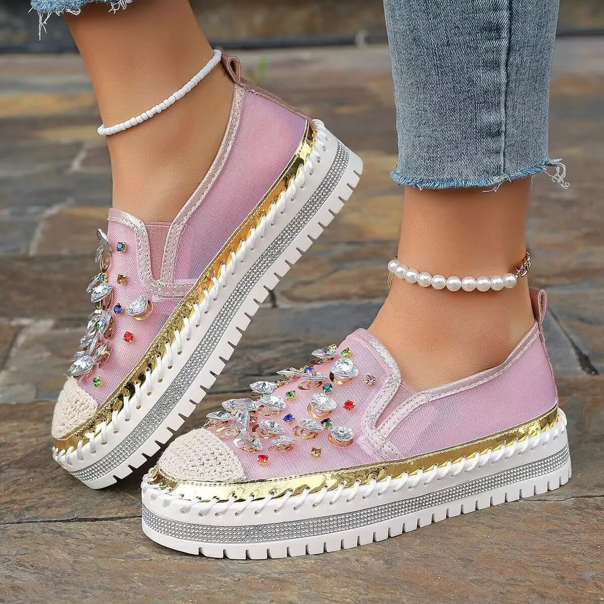 Rhinestone decor platform loafers by Trendsi, stylish footwear with sparkling rhinestone embellishments and a chunky platform sole.