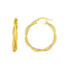 14k yellow gold twisted round hoop earrings with textured finish, stylish jewelry by Plush Fashion Hub.