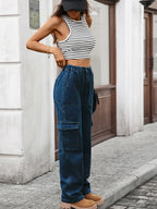 High-waisted plush denim cargo jeans from Plush Fashion Shop, featuring multiple pockets and a relaxed fit.
