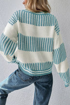 Two-tone striped patchwork drop shoulder loose sweater by Simply Love, featuring a cozy, relaxed fit with multicolor striped design.