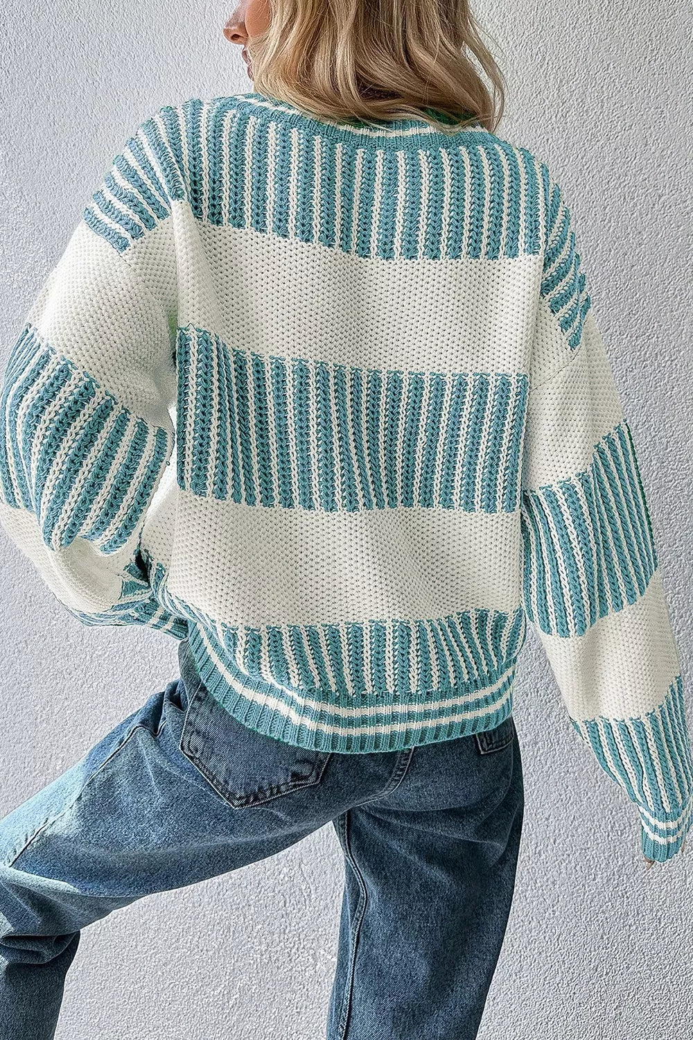 Two-tone striped patchwork drop shoulder loose sweater by Simply Love, featuring a cozy, relaxed fit with multicolor striped design.