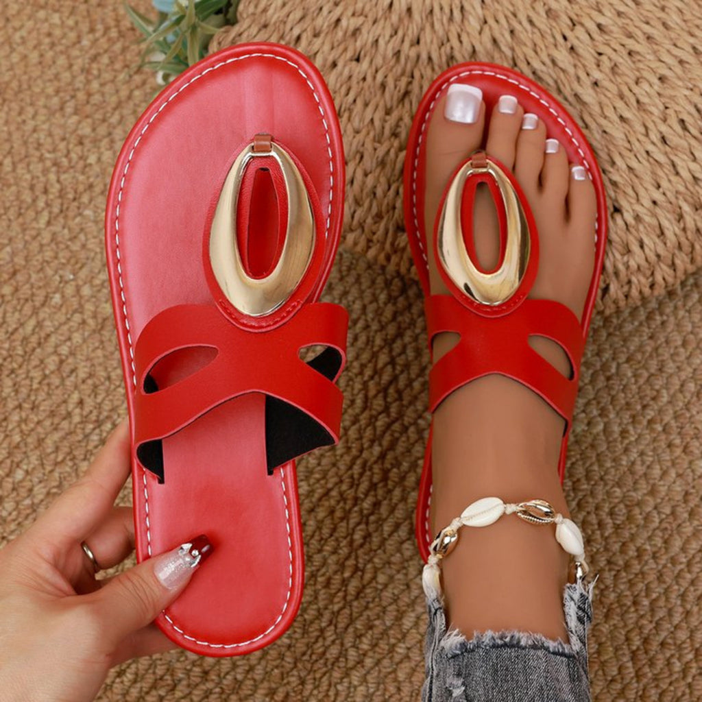 Women's open toe low heel sandals with golden accent detail, stylish Trendsi shoe perfect for summer or casual wear.