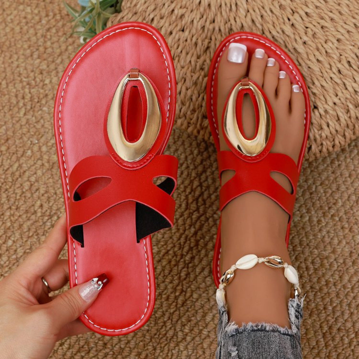 Women's open toe low heel sandals with golden accent detail, stylish Trendsi shoe perfect for summer or casual wear.