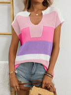Women's striped notched neck short sleeve knit sweater by Trendsi, casual chic top with a stylish striped pattern and notched neckline.